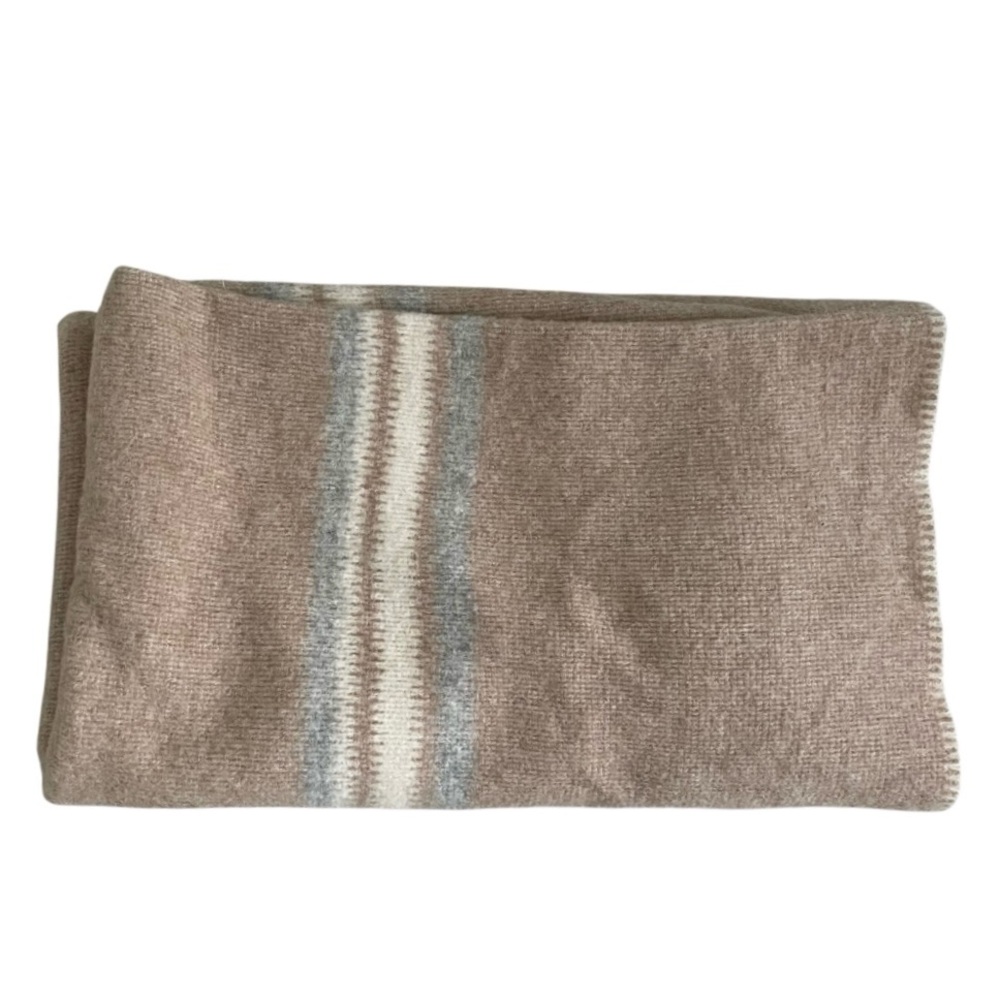 Handmade Handwoven Wool Striped Throw Blanket Tan Grey - Picture 5 of 11